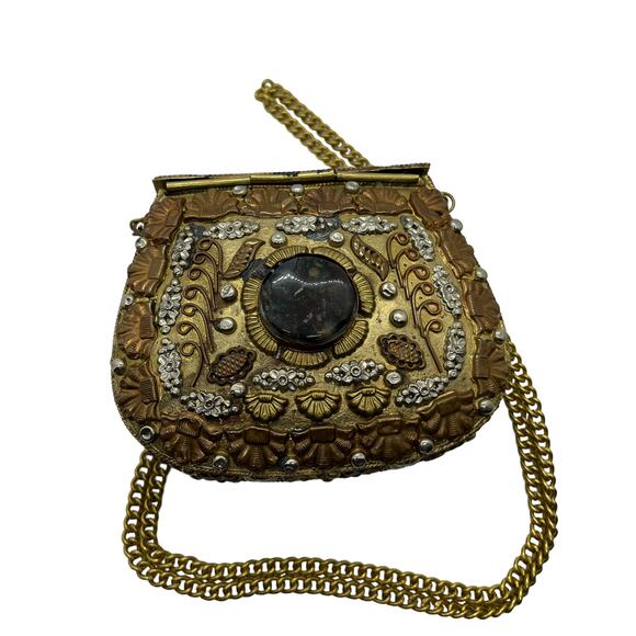 Metal Purse Mini Bag Sajai Agate Scroll Clamshell Semi-Precious Stones Brass - Picture 1 of 15